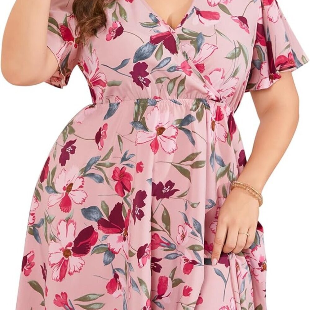Women Plus Size Wrap V Neck Midi Dress Short Sleeves Casual Summer